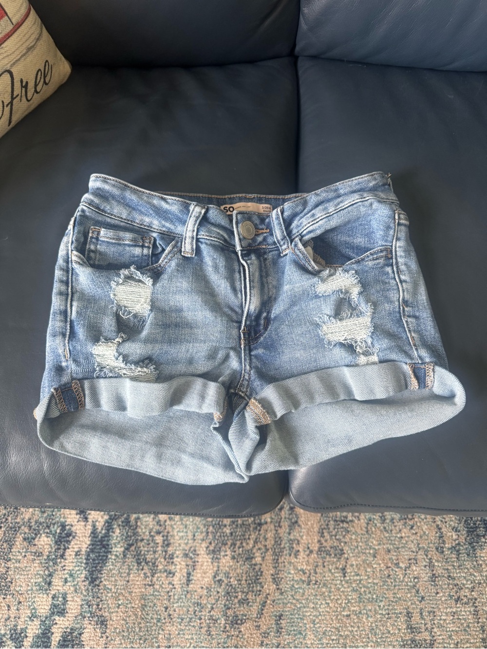 SO Rolled Hem Distressed Denim Shorts - Light Blue